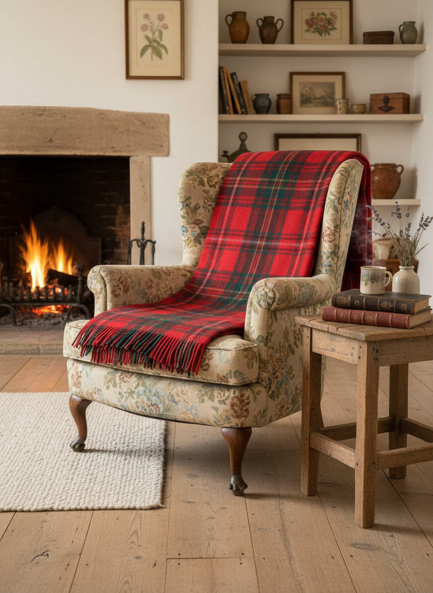 Wolldecke Schottenkaro 180x150cm - 100% Recycelte Wolle Rot/Grün