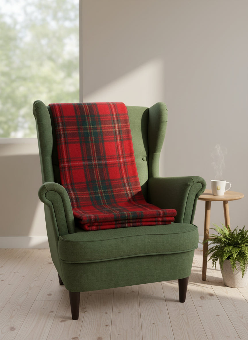 Wolldecke Schottenkaro 180x150cm - 100% Recycelte Wolle Rot/Grün