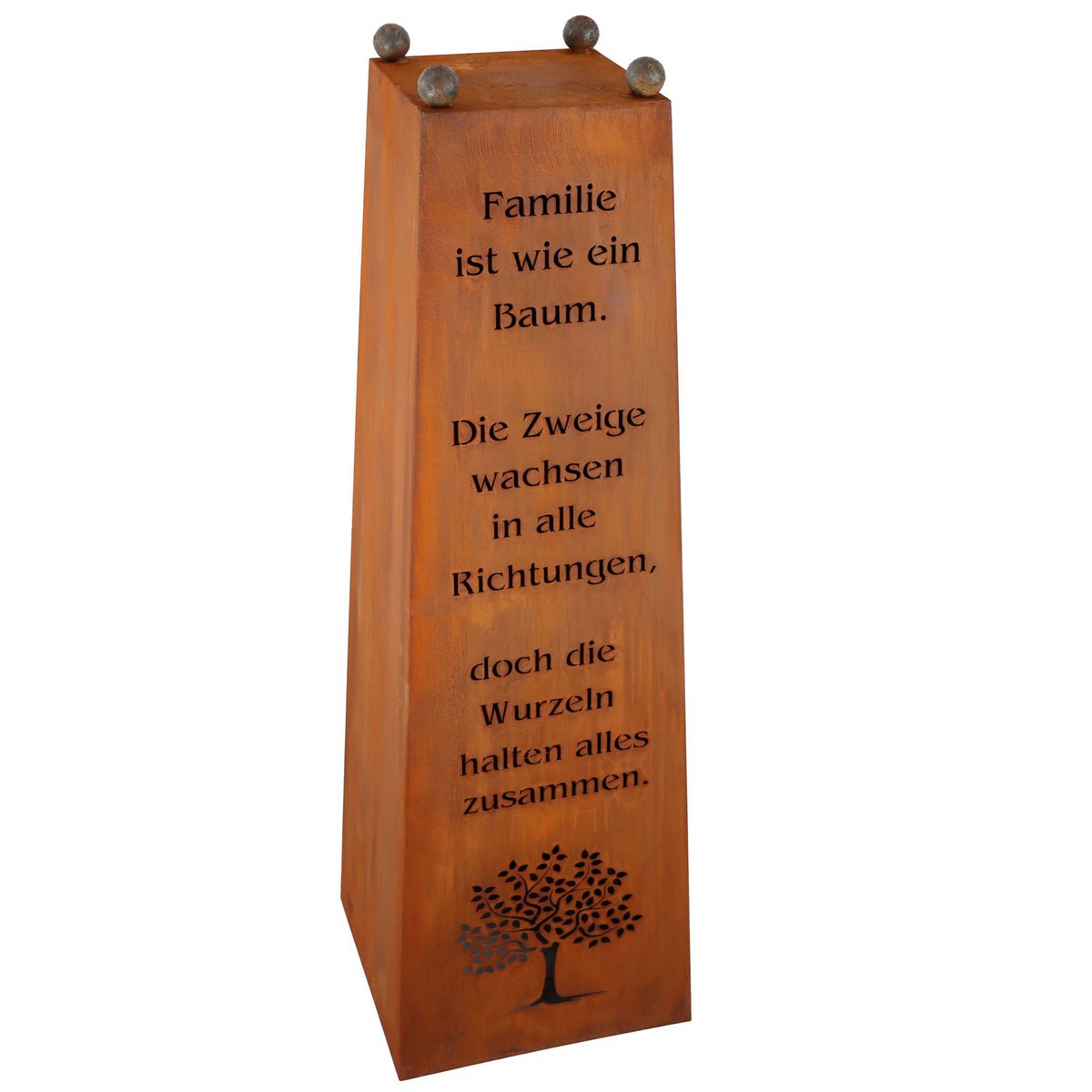 Edelrost Stele mit Schale und Familien-Spruch - Gartendeko für Draußen