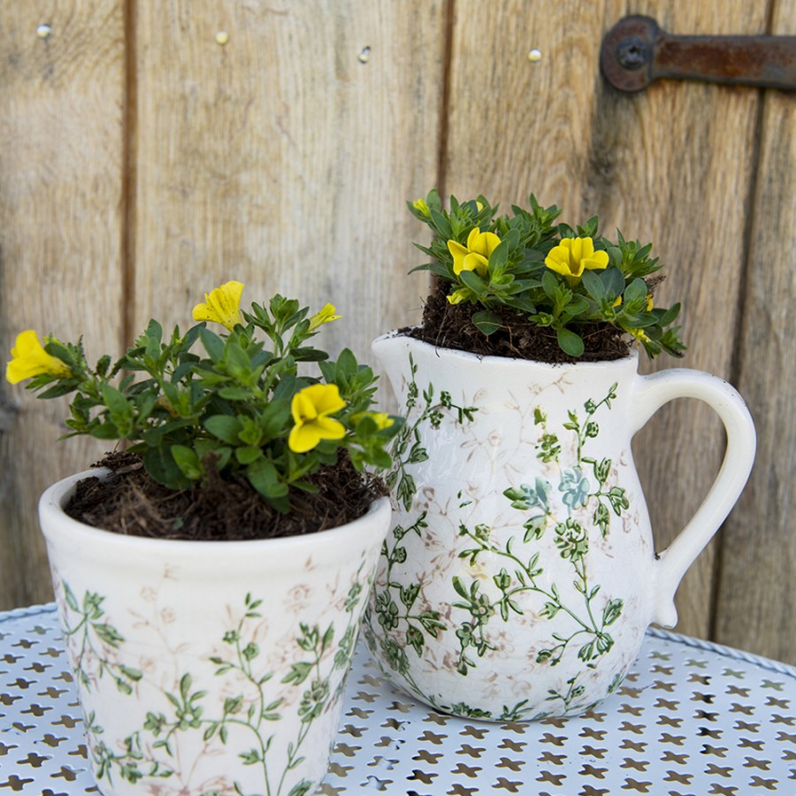 Keramikkrug mit Rankenmuster Beige-Grün - Dekorative Vase im Landhausstil