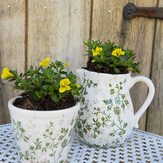 Keramik Blumentopf Grün-Beige mit Rankenmotiv - Clayre & Eef