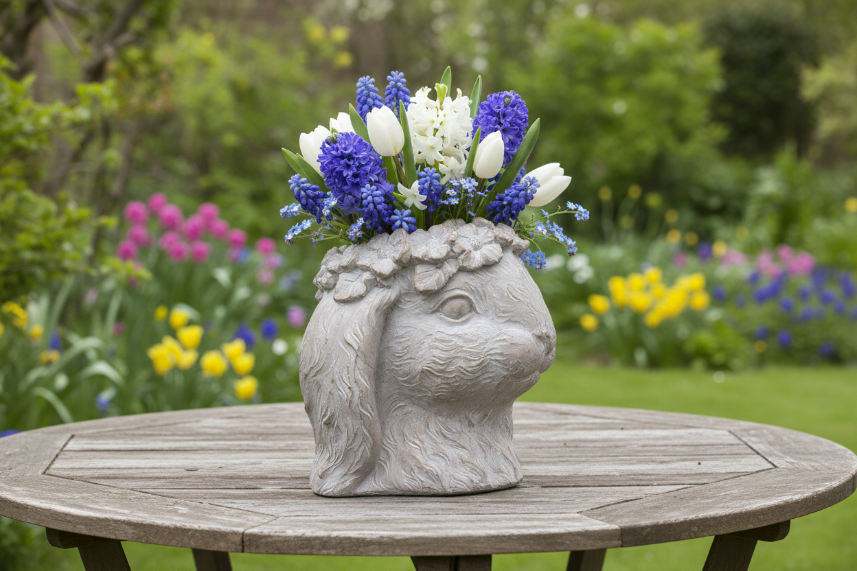 Pflanztopf Hase Grau-Braun Steinguss - Blumentopf Ostern Frühling Landhausstil {{ Shabby Chic und Landhaus Deko }} {{ www.Stein-Alt.de The cosy Cottage }}