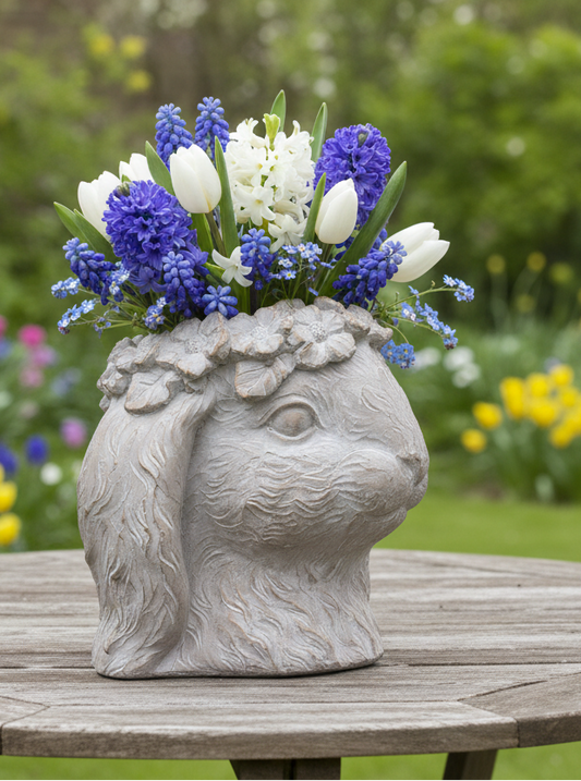 Vaso per piante / vaso per fiori, coniglio, primavera / Pasqua in pietra fusa in grigio-marrone