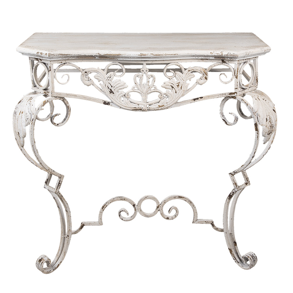 Tavolo consolle con gambe in ferro battuto e piano in legno, Shabby Chic in bianco
