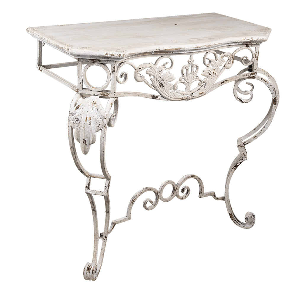 Tavolo consolle con gambe in ferro battuto e piano in legno, Shabby Chic in bianco