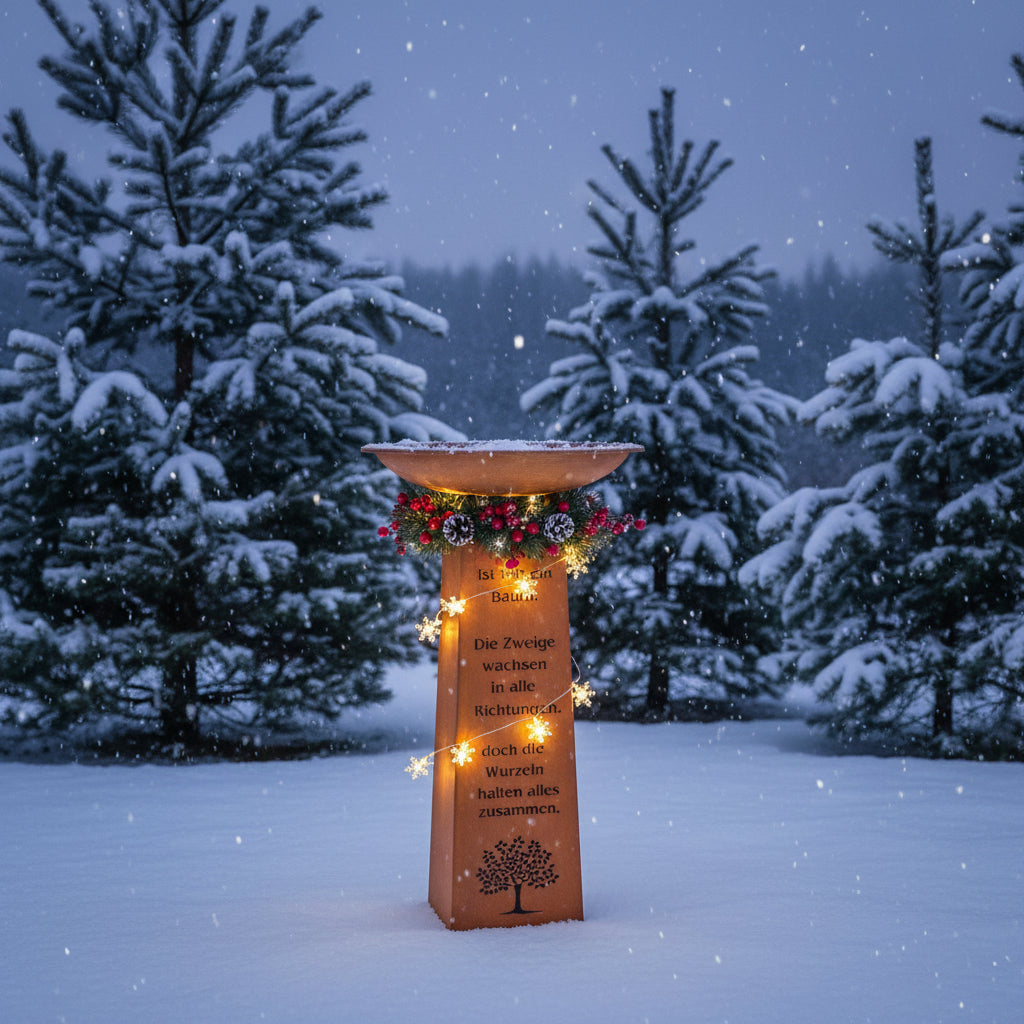 Edelrost Stele mit Schale und Familien-Spruch - Gartendeko für Draußen
