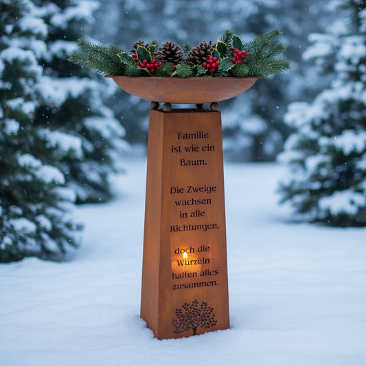 Edelrost Stele mit Schale und Familien-Spruch - Gartendeko für Draußen