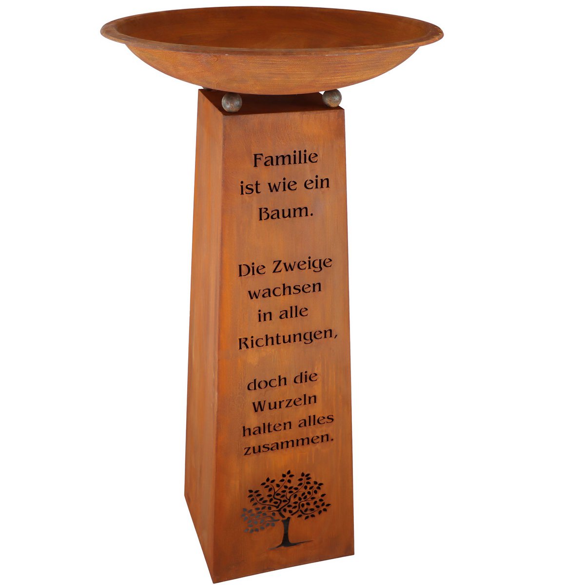 Edelrost Stele mit Schale und Familien-Spruch - Gartendeko für Draußen