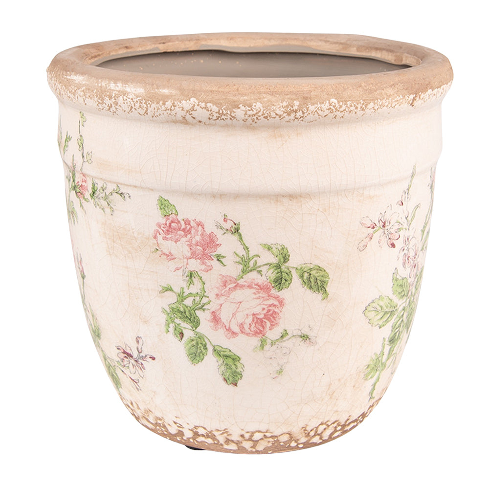 Vintage Blumentopf mit Rosenmotiv - Rosa Beige Keramik Übertopf Shabby Chic