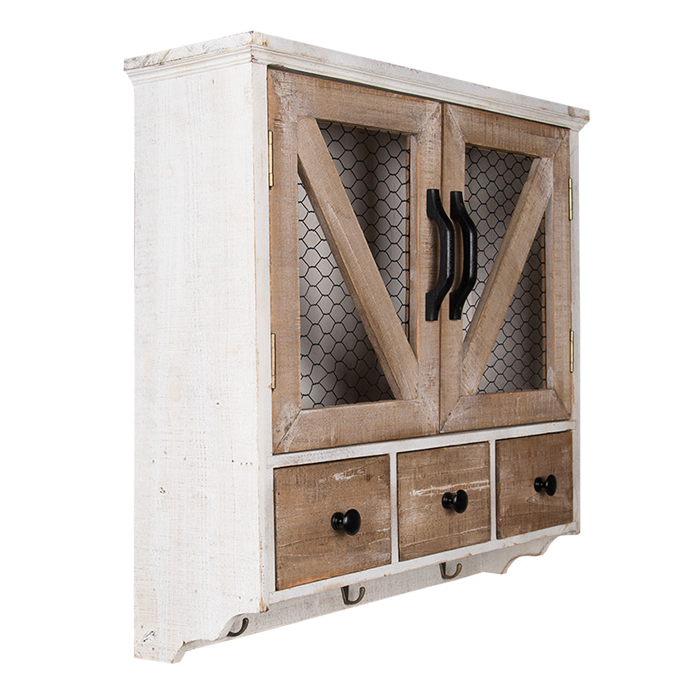 Wandregal mit Haken und Schubladen - Landhausstil Holz Braun-Weiß 53cm