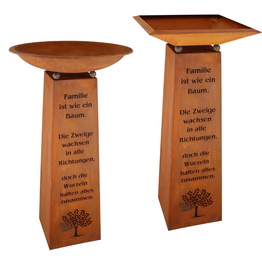 Edelrost Stele mit Schale und Familien-Spruch - Gartendeko für Draußen