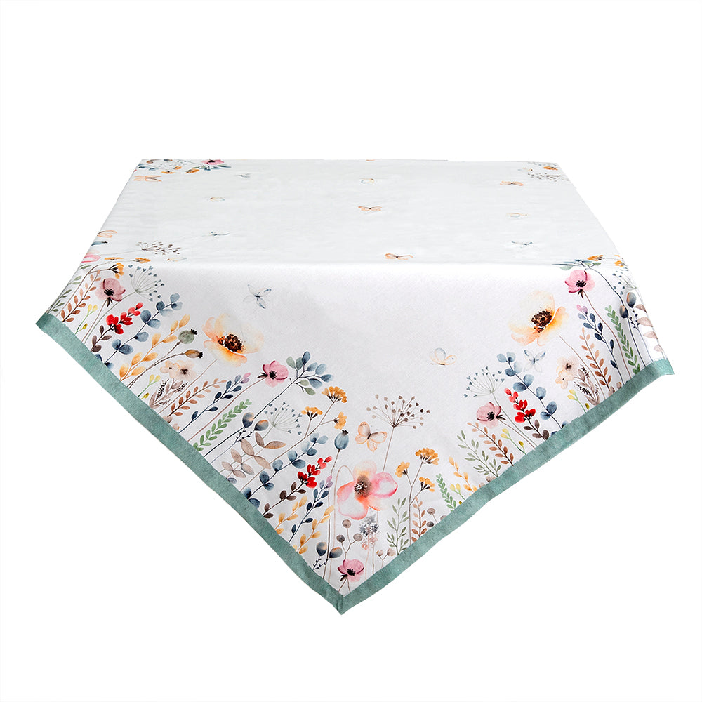 White cotton tablecloth with floral motif - country style shabby chic