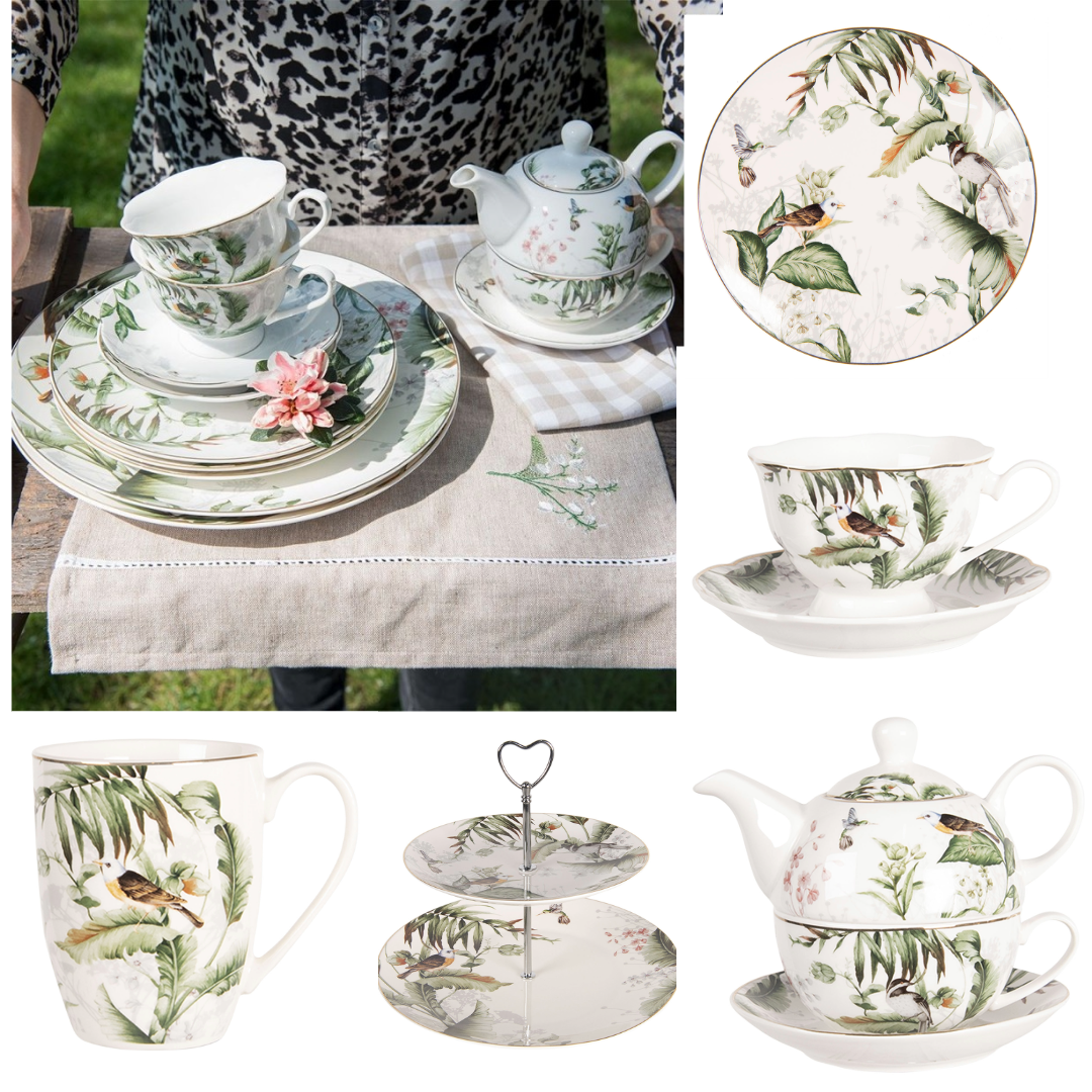 Geschirr aus Porzellan, Pflanzen und Vogelmotiv in Grün-Weiß, Mix & Match
