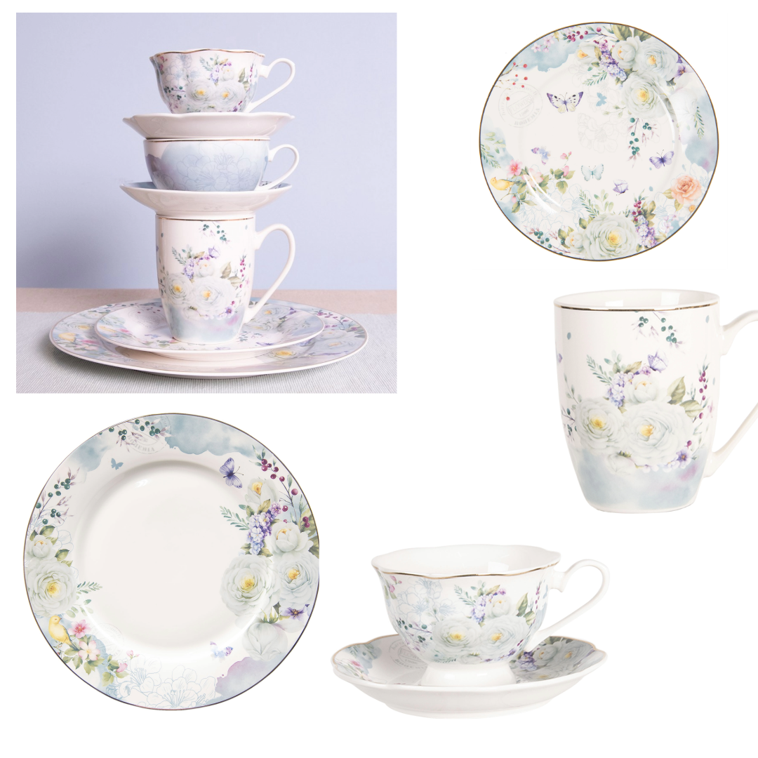 Porzellan Geschirr Blumen & Schmetterlinge Blau-Weiß - Landhausstil Mix & Match