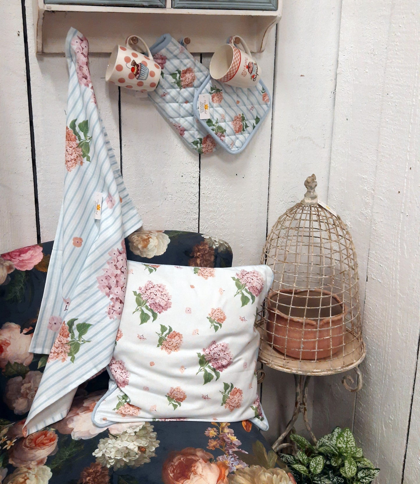 Kissenbezug Hortensien 40x40 cm - 100% Baumwolle Blau Rosa - Landhausstil