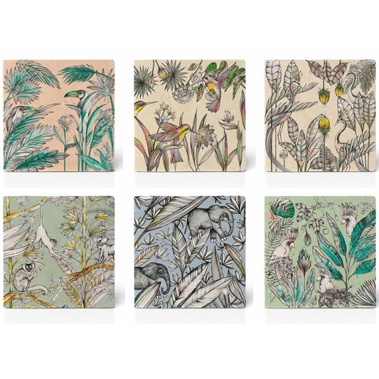 Tassenuntersetzer aus Keramik mit verschiedenen Dschungelmotiven