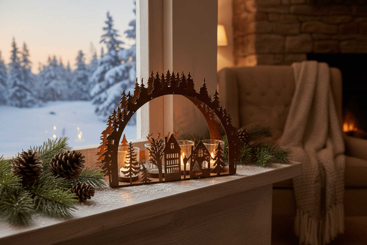 Adventskranz Metall Rostoptik – Teelichthalter Winterlandschaft mit Hirsch & Tannenbaum {{ Shabby Chic und Landhaus Deko }} {{ www.Stein-Alt.de }}