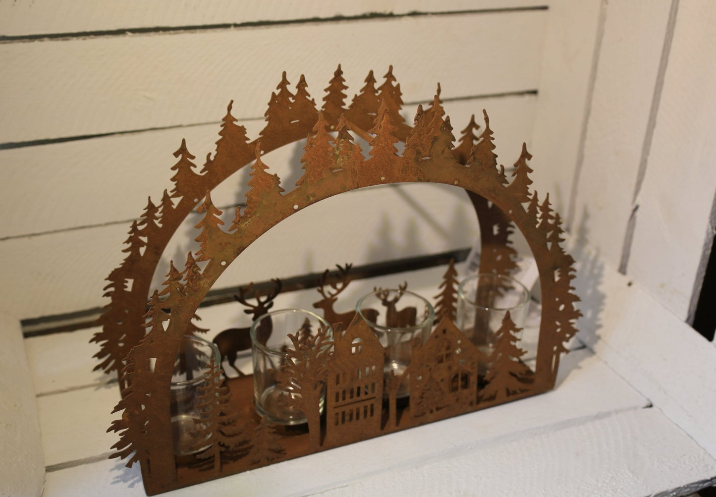 Adventskranz Metall Rostoptik – Teelichthalter Winterlandschaft mit Hirsch & Tannenbaum {{ Shabby Chic und Landhaus Deko }} {{ www.Stein-Alt.de }}