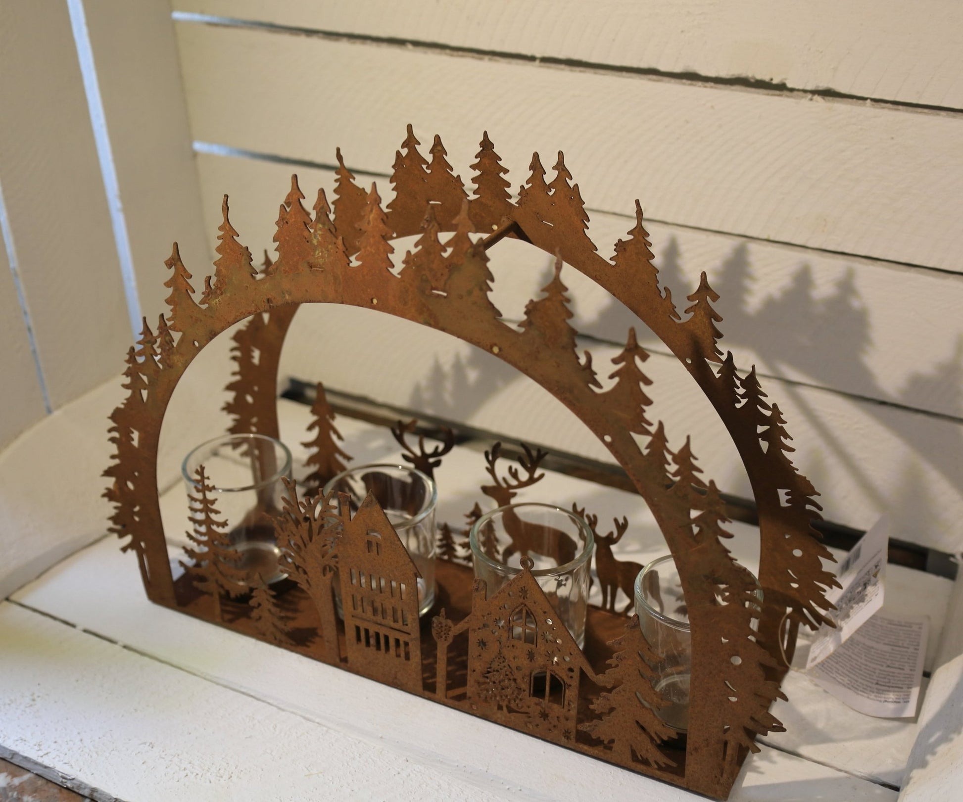 Adventskranz Metall Rostoptik – Teelichthalter Winterlandschaft mit Hirsch & Tannenbaum {{ Shabby Chic und Landhaus Deko }} {{ www.Stein-Alt.de }}