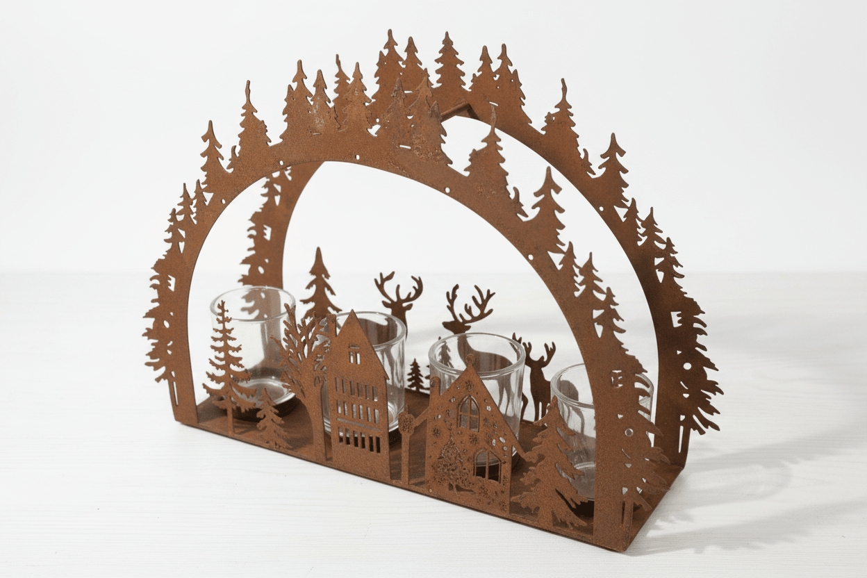 Adventskranz Metall Rostoptik – Teelichthalter Winterlandschaft mit Hirsch & Tannenbaum {{ Shabby Chic und Landhaus Deko }} {{ www.Stein-Alt.de }}