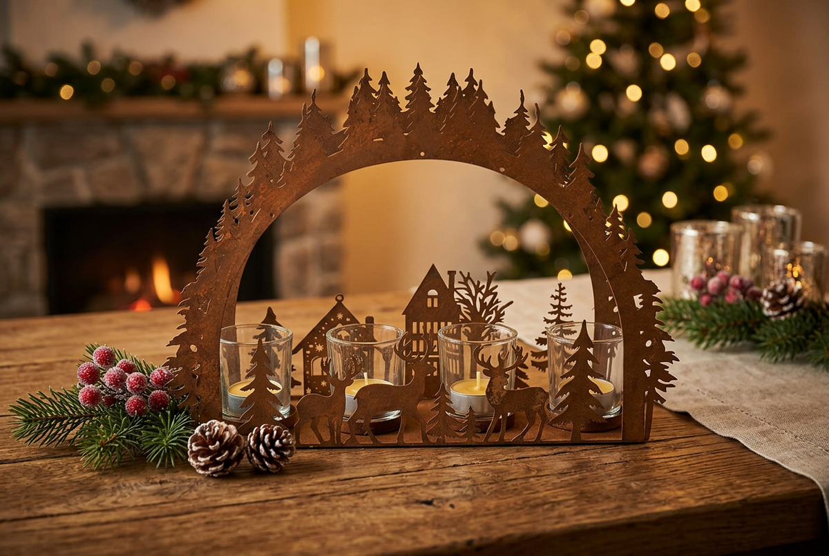Teelichthalter Teelichthalter Winterlandschaft Metall Rostbraun 32 cm hoch Shabby-Chic und Landhaus-Deko bei www.Stein-Alt.de