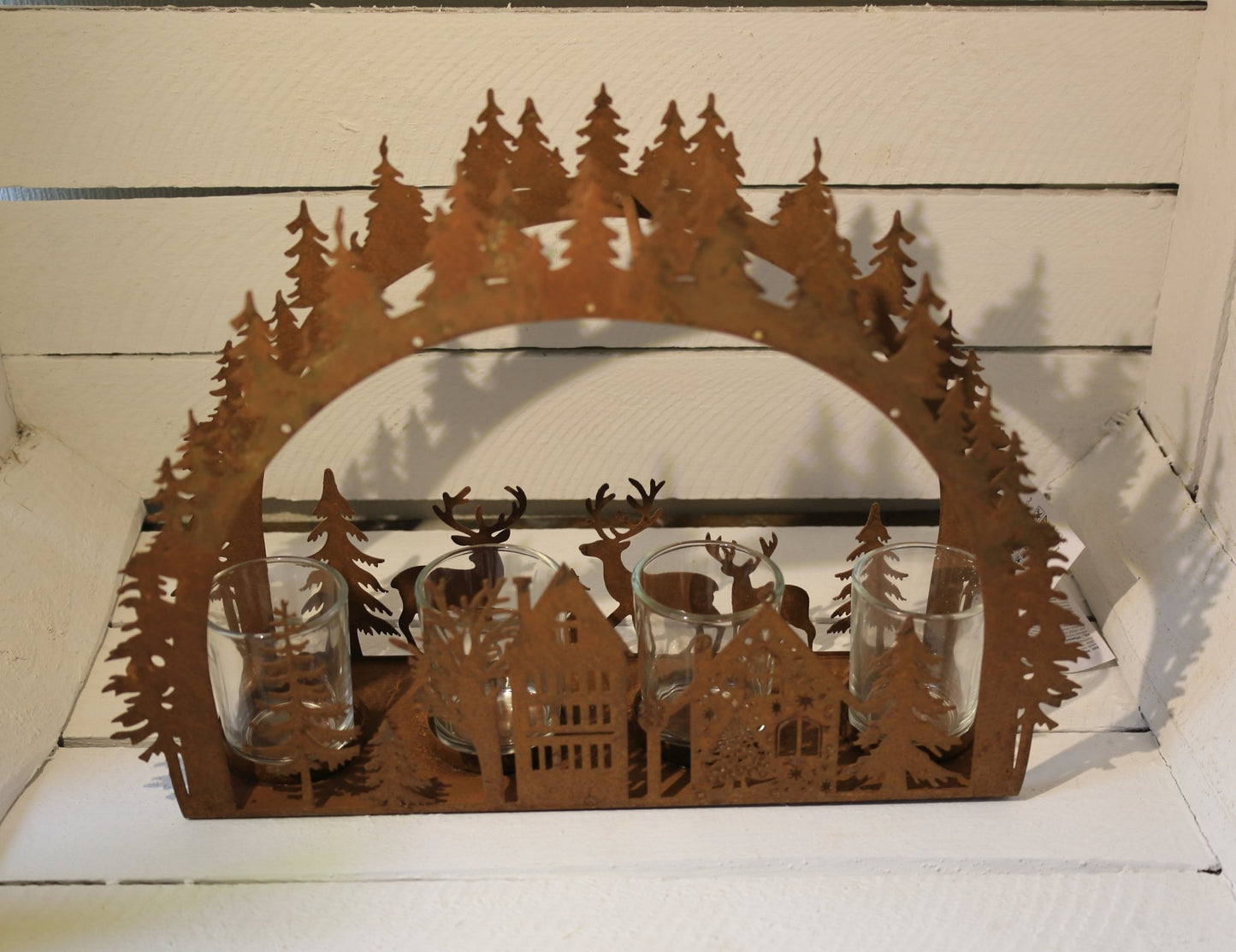 Adventskranz Metall Rostoptik – Teelichthalter Winterlandschaft mit Hirsch & Tannenbaum {{ Shabby Chic und Landhaus Deko }} {{ www.Stein-Alt.de }}