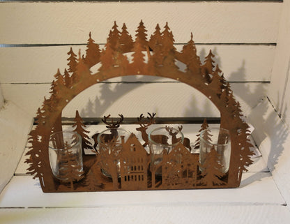 Adventskranz Adventskranz Metall Rostoptik – Teelichthalter Winterlandschaft mit Hirsch & Tannenbaum Shabby Chic und Landhaus Deko bei www.Stein-Alt.de