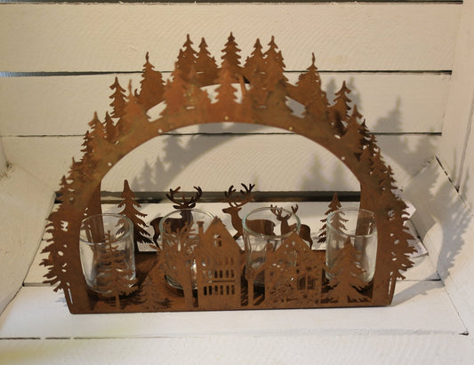 Adventskranz Metall Rostoptik – Teelichthalter Winterlandschaft mit Hirsch & Tannenbaum {{ Shabby Chic und Landhaus Deko }} {{ www.Stein-Alt.de }}