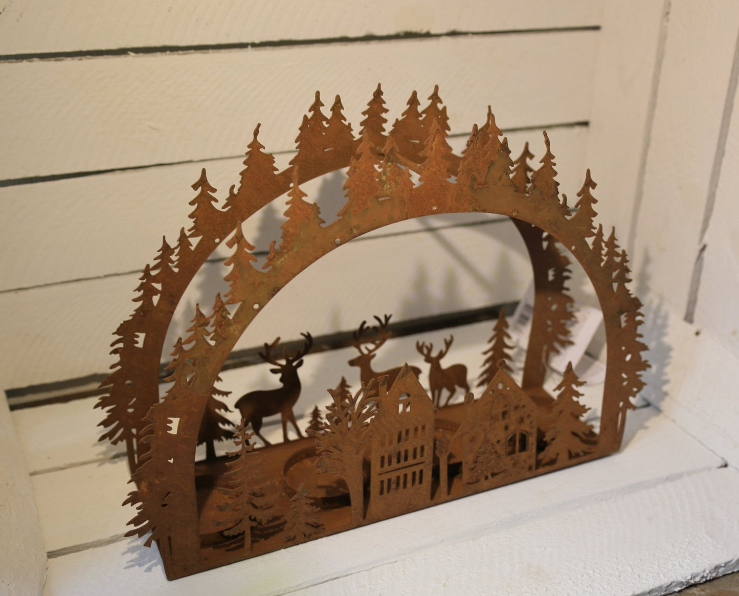 Adventskranz Metall Rostoptik – Teelichthalter Winterlandschaft mit Hirsch & Tannenbaum {{ Shabby Chic und Landhaus Deko }} {{ www.Stein-Alt.de }}