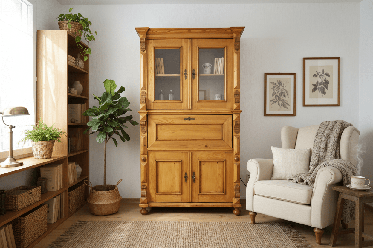 Antiker Sekretär Gründerzeit – restaurierter Weichholz Schreibschrank mit Vitrinenaufsatz {{ Shabby Chic und Landhaus Deko }} {{ www.Stein-Alt.de }}