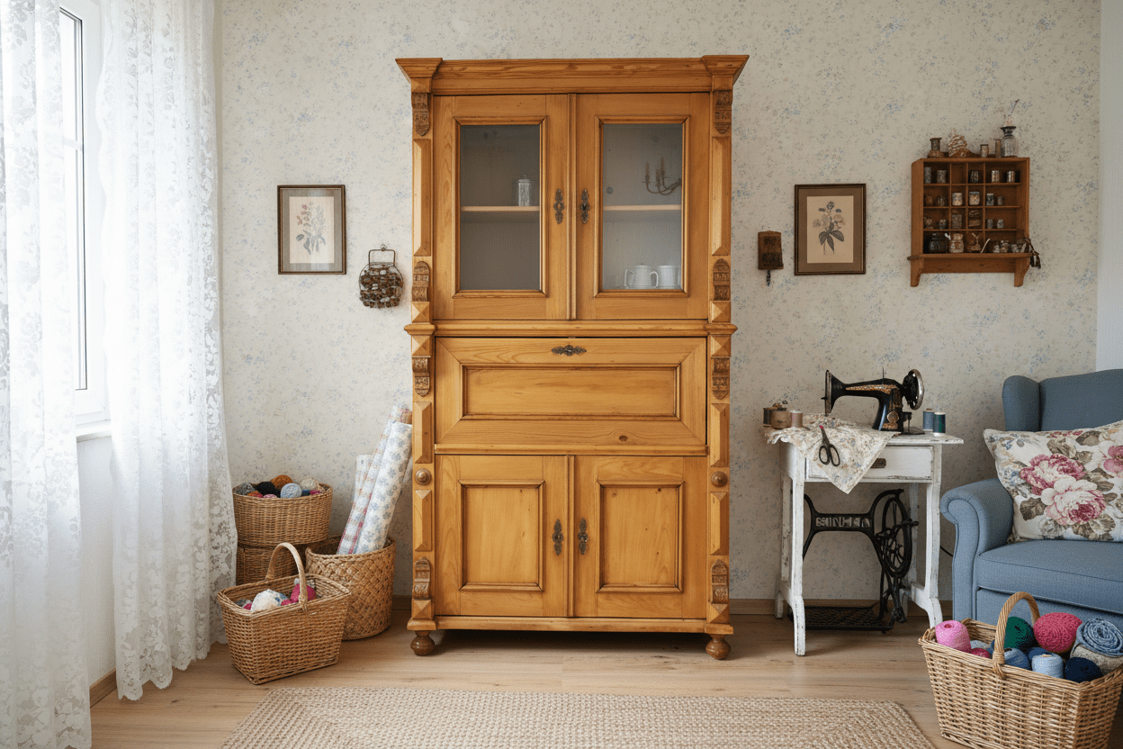 Antiker Sekretär Gründerzeit – restaurierter Weichholz Schreibschrank mit Vitrinenaufsatz {{ Shabby Chic und Landhaus Deko }} {{ www.Stein-Alt.de }}