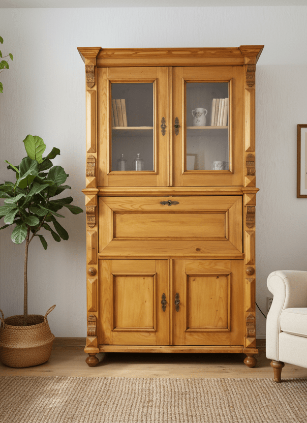 Antiker Sekretär Gründerzeit – restaurierter Weichholz Schreibschrank mit Vitrinenaufsatz {{ Shabby Chic und Landhaus Deko }} {{ www.Stein-Alt.de }}