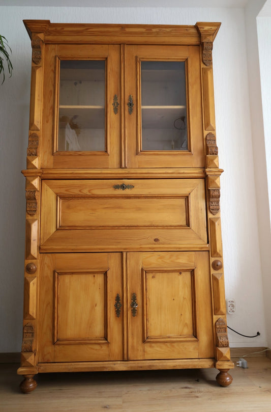 Antiker Sekretär Gründerzeit – restaurierter Weichholz Schreibschrank mit Vitrinenaufsatz {{ Shabby Chic und Landhaus Deko }} {{ www.Stein-Alt.de }}