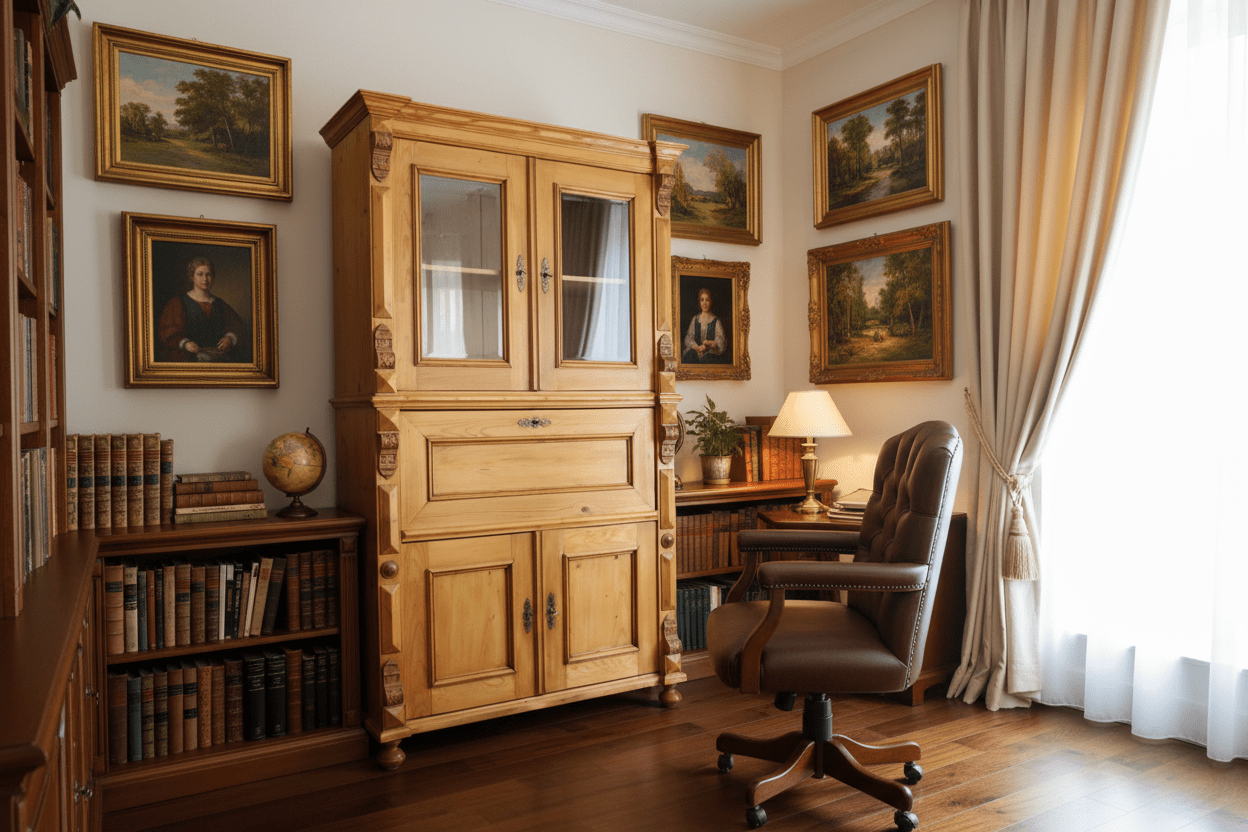 Antiker Sekretär Gründerzeit – restaurierter Weichholz Schreibschrank mit Vitrinenaufsatz {{ Shabby Chic und Landhaus Deko }} {{ www.Stein-Alt.de }}
