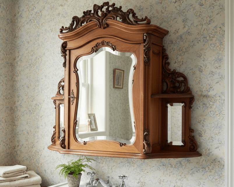 Antiker Spiegelschrank Louis-Philipp Nussbaum 1840-1870 {{ Shabby Chic und Landhaus Deko }} {{ www.Stein-Alt.de }}