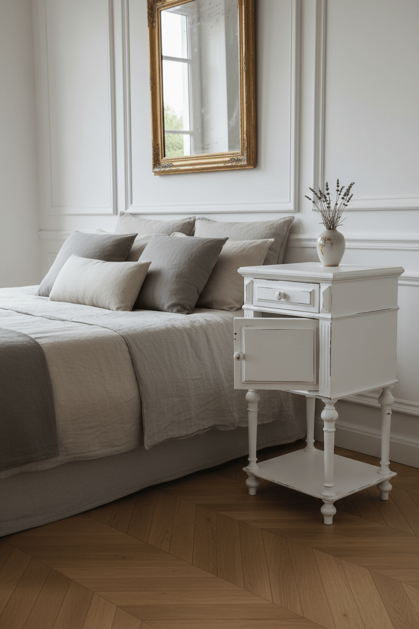 Antikes französisches Nachtschränkchen Shabby Chic – Massivholz Creme-Weiß, Vintage Landhausstil {{ Shabby Chic und Landhaus Deko }} {{ www.Stein-Alt.de }}