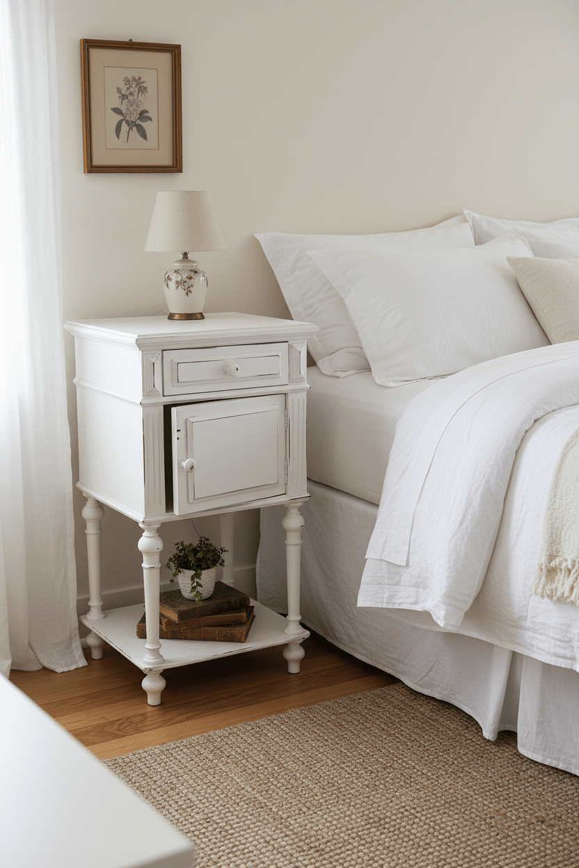 Antikes französisches Nachtschränkchen Shabby Chic – Massivholz Creme-Weiß, Vintage Landhausstil {{ Shabby Chic und Landhaus Deko }} {{ www.Stein-Alt.de }}