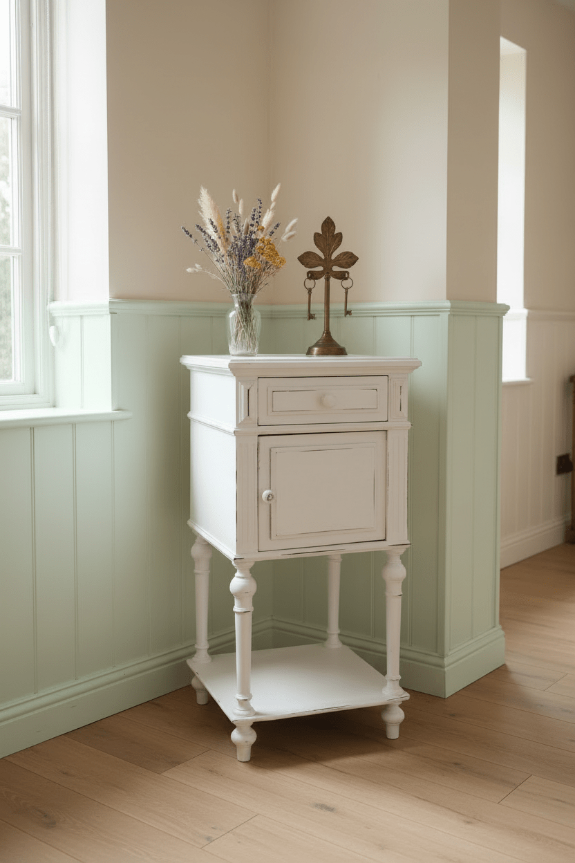 Antikes französisches Nachtschränkchen Shabby Chic – Massivholz Creme-Weiß, Vintage Landhausstil {{ Shabby Chic und Landhaus Deko }} {{ www.Stein-Alt.de }}