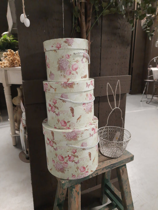 Aufbewahrungsbox Blumen grün rosa 3er Set - Landhausstil Geschenkbox Pappe {{ Shabby Chic und Landhaus Deko }} {{ www.Stein-Alt.de }}