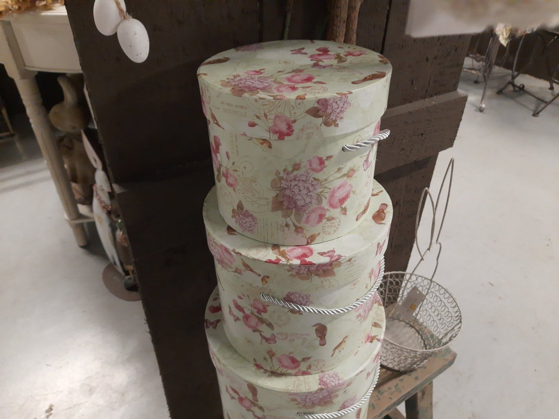 Aufbewahrungsbox Blumen grün rosa 3er Set - Landhausstil Geschenkbox Pappe {{ Shabby Chic und Landhaus Deko }} {{ www.Stein-Alt.de }}