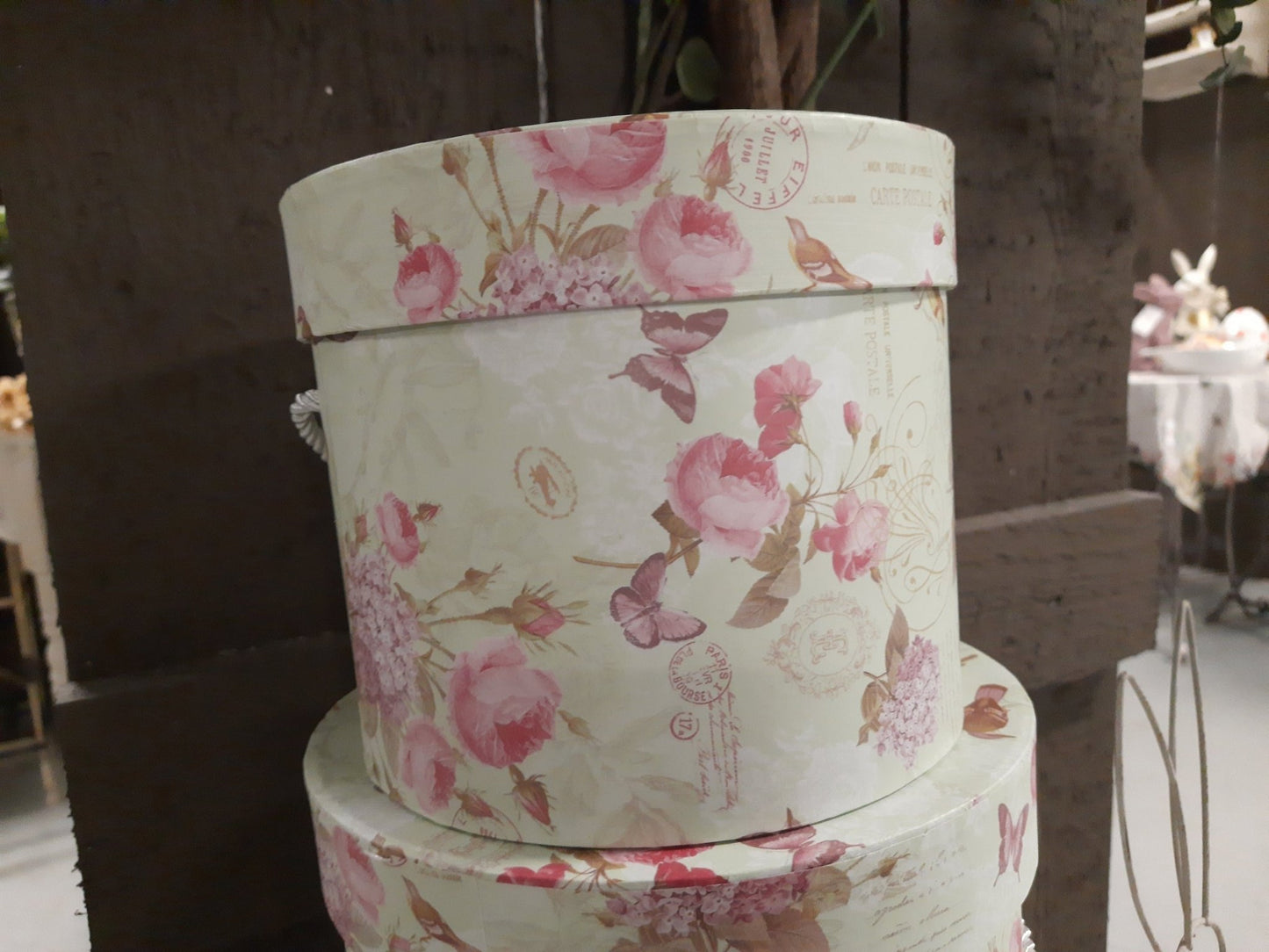 Aufbewahrungsbox Blumen grün rosa 3er Set - Landhausstil Geschenkbox Pappe {{ Shabby Chic und Landhaus Deko }} {{ www.Stein-Alt.de }}