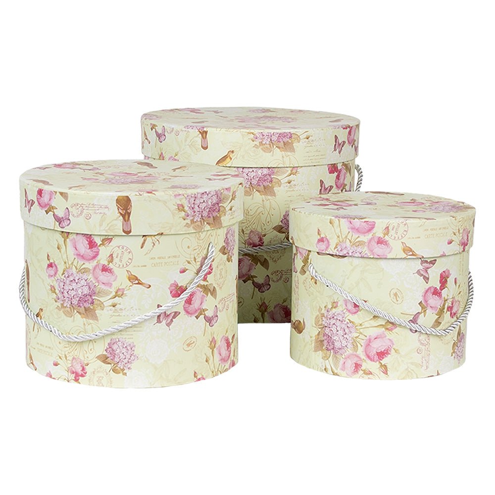 Aufbewahrungsbox Blumen grün rosa 3er Set - Landhausstil Geschenkbox Pappe {{ Shabby Chic und Landhaus Deko }} {{ www.Stein-Alt.de }}