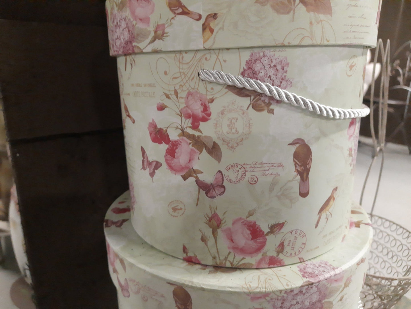 Aufbewahrungsbox Blumen grün rosa 3er Set - Landhausstil Geschenkbox Pappe {{ Shabby Chic und Landhaus Deko }} {{ www.Stein-Alt.de }}