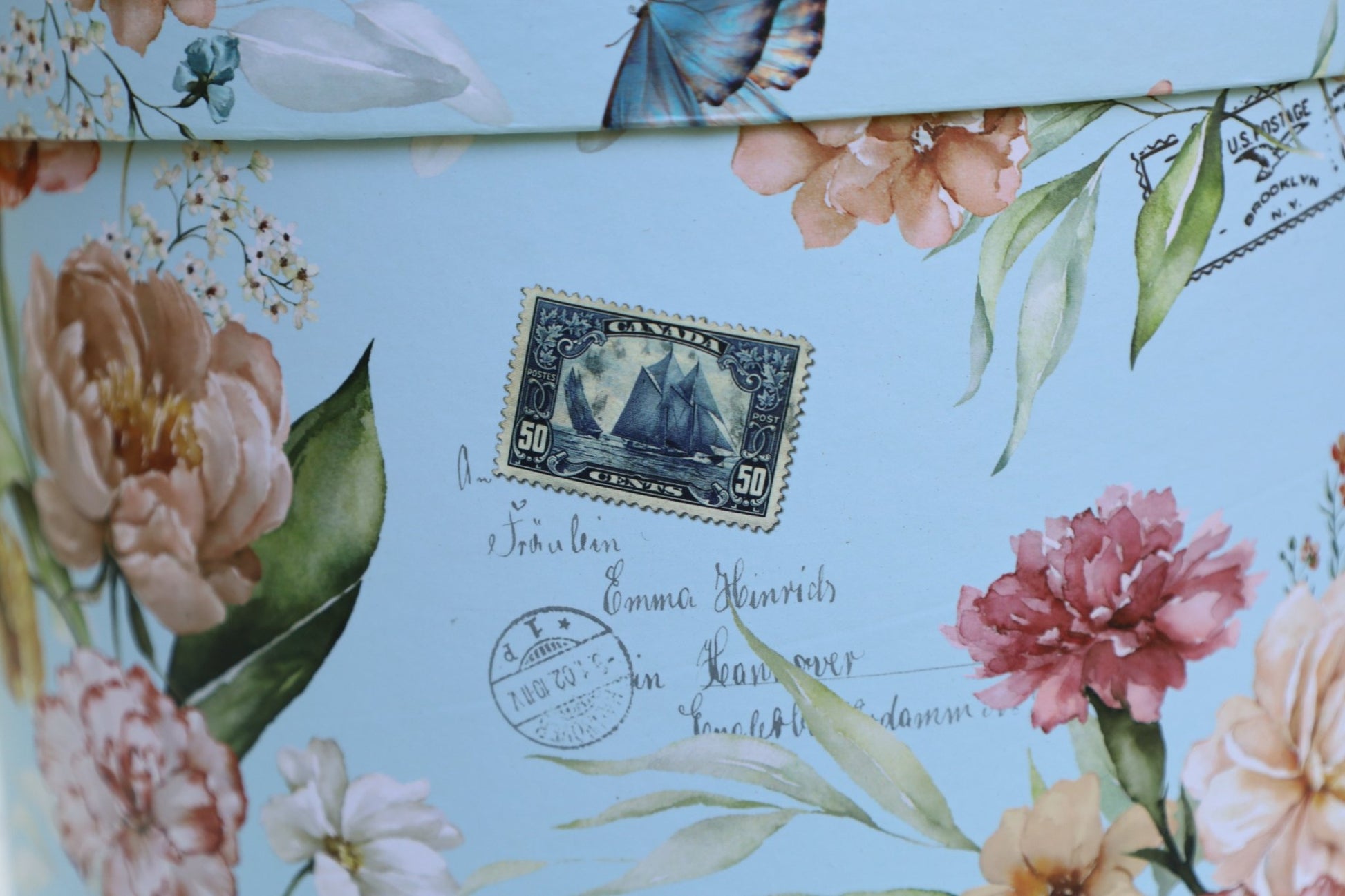 Aufbewahrungsboxen Blumen 3er Set - Runde Pappboxen Blau Landhausstil {{ Shabby Chic und Landhaus Deko }} {{ www.Stein-Alt.de }}