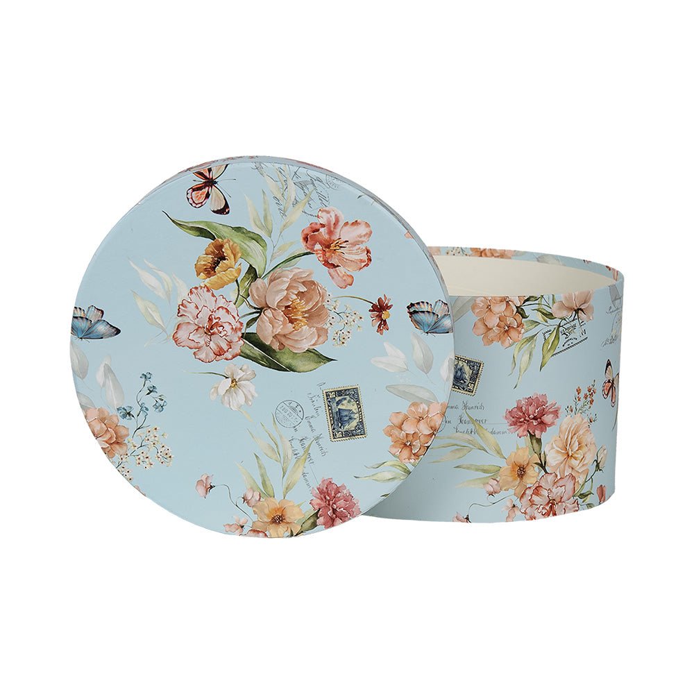 Aufbewahrungsboxen Blumen 3er Set - Runde Pappboxen Blau Landhausstil {{ Shabby Chic und Landhaus Deko }} {{ www.Stein-Alt.de }}