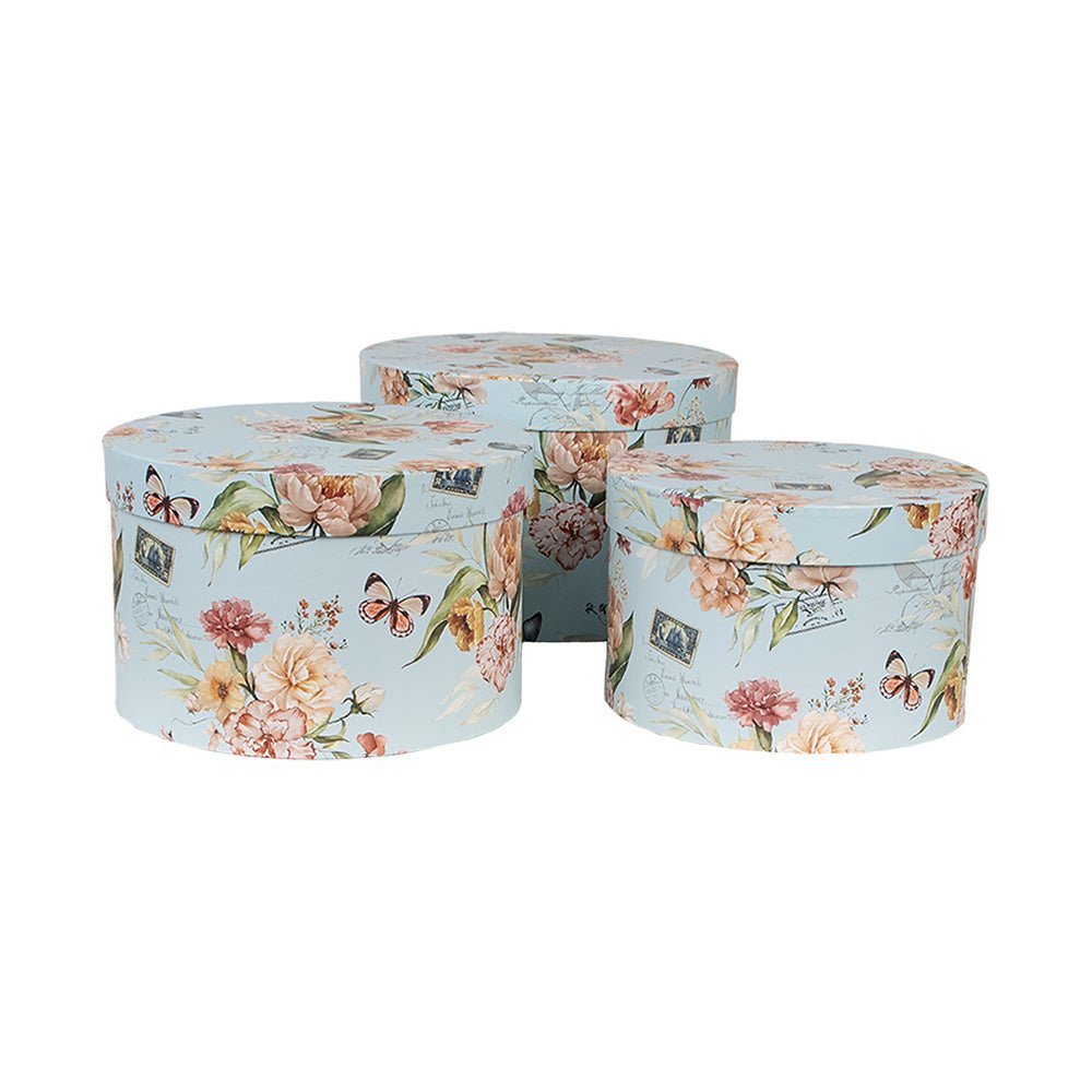Aufbewahrungsboxen Blumen 3er Set - Runde Pappboxen Blau Landhausstil {{ Shabby Chic und Landhaus Deko }} {{ www.Stein-Alt.de }}