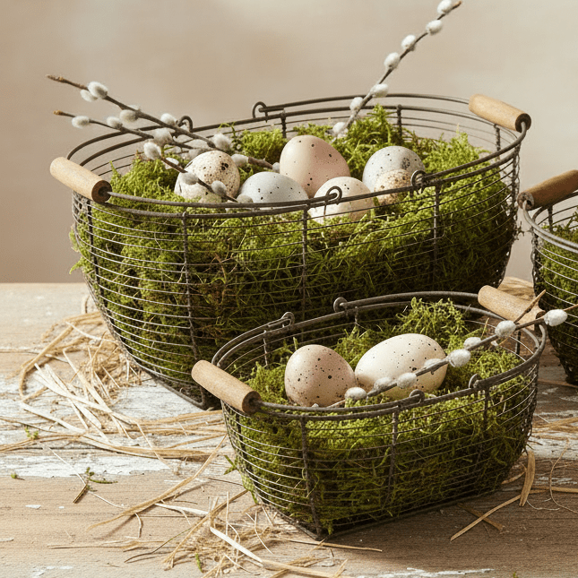Drahtkorb 3er Set mit Henkel – Aufbewahrungskörbe Landhaus Braun {{ Shabby Chic und Landhaus Deko }} {{ www.Stein-Alt.de }}