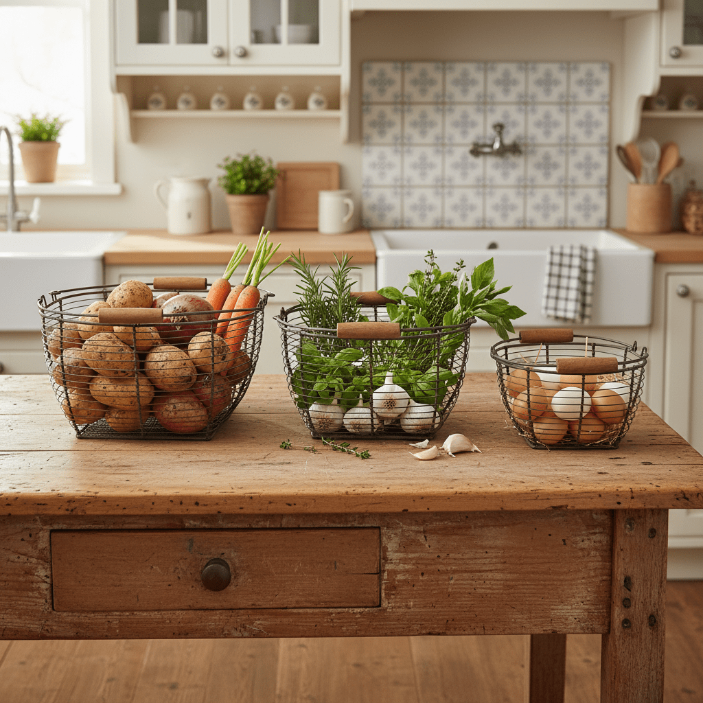 Drahtkorb 3er Set mit Henkel – Aufbewahrungskörbe Landhaus Braun {{ Shabby Chic und Landhaus Deko }} {{ www.Stein-Alt.de }}