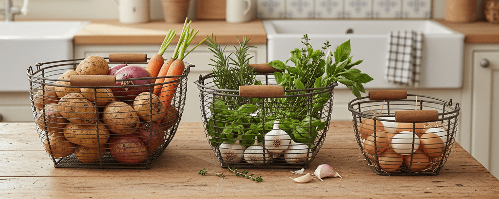 Drahtkorb 3er Set mit Henkel – Aufbewahrungskörbe Landhaus Braun {{ Shabby Chic und Landhaus Deko }} {{ www.Stein-Alt.de }}