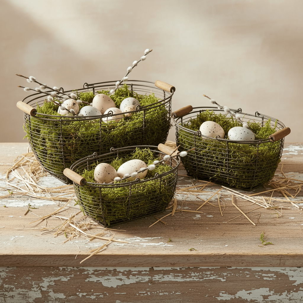 Drahtkorb 3er Set mit Henkel – Aufbewahrungskörbe Landhaus Braun {{ Shabby Chic und Landhaus Deko }} {{ www.Stein-Alt.de }}